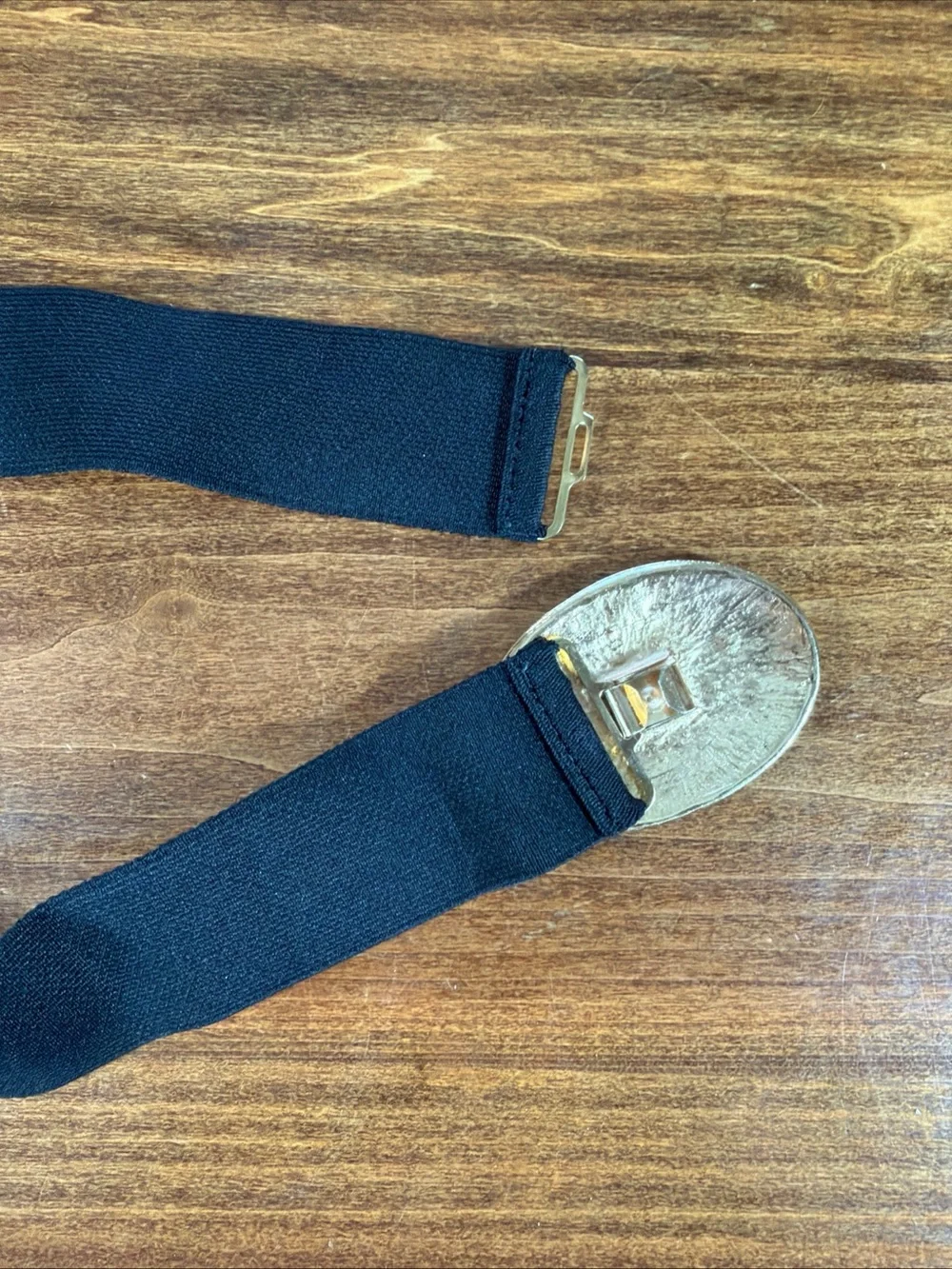 Vintage Elastic Black Waist Belt with Decorative Gold-Tone Oval Buckle